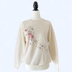 90s Northern Reflections Floral Lily Nature Bird Print Cream Knit Trim Sweater